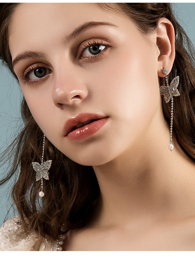 Crystal Pearl Butterfly Earrings - Prime Adore