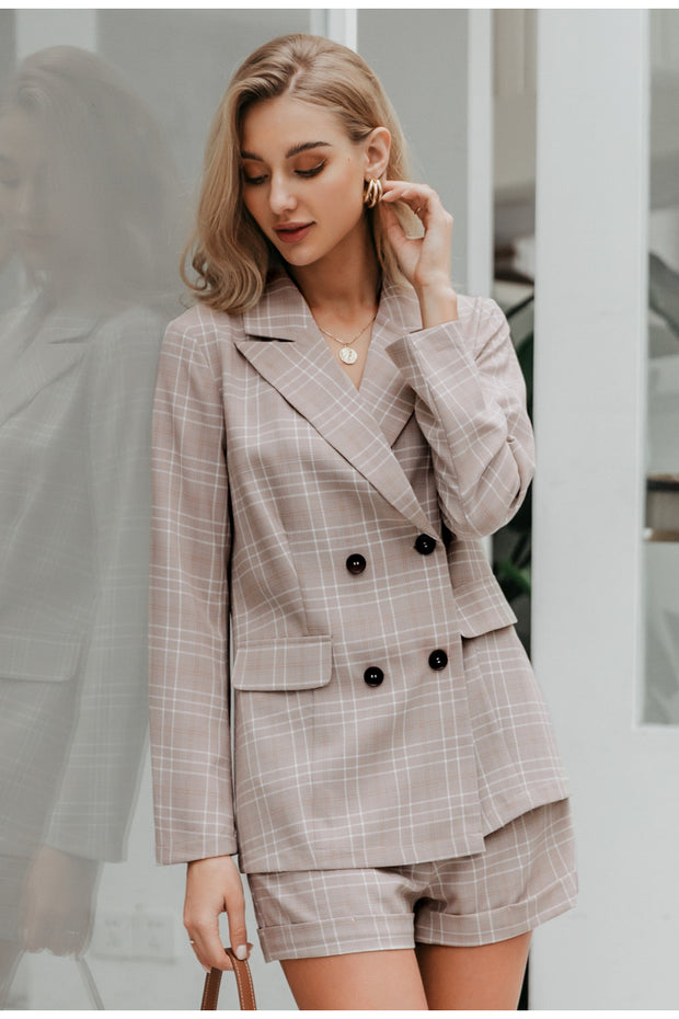 Two-piece blazer women suits Double breasted plaid casual female blazer shorts set Elegant office ladies blazers sets - Prime Adore