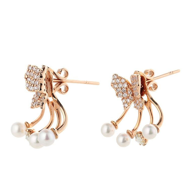 Diamond Butterfly Pearl Earrings - Prime Adore