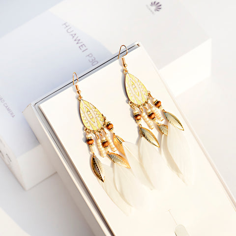 Vintage Big Feather Beaded Earrings - Prime Adore