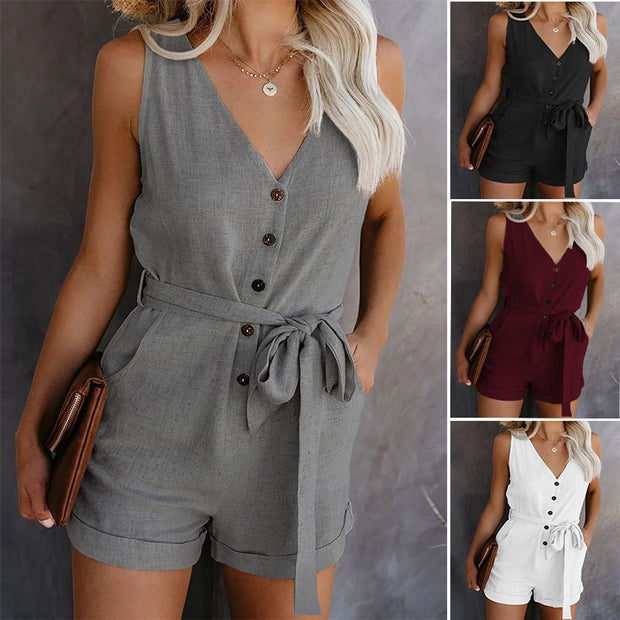 Solid color jumpsuit with bow tie for ladies casual - Prime Adore