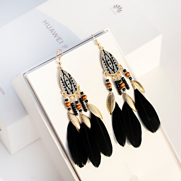 Vintage Big Feather Beaded Earrings - Prime Adore