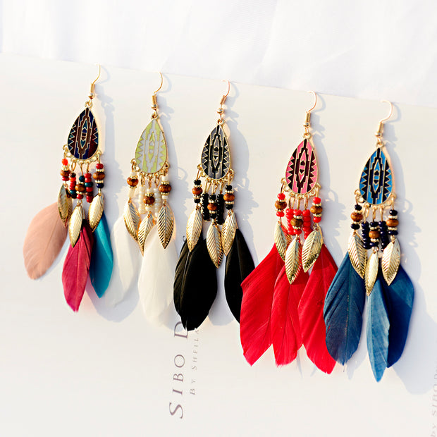 Vintage Big Feather Beaded Earrings - Prime Adore