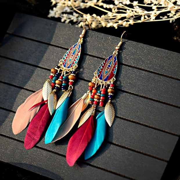 Vintage Big Feather Beaded Earrings - Prime Adore