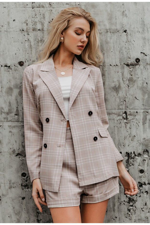 Two-piece blazer women suits Double breasted plaid casual female blazer shorts set Elegant office ladies blazers sets - Prime Adore